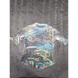KM Women Multi Color Abstract Damask Print 3/4 Sleeve Sheer Top Small Madein USA
